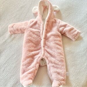 Pink Sherpa Hooded Baby Bunting 12M with Bear Ears | Cozy Winter Suit